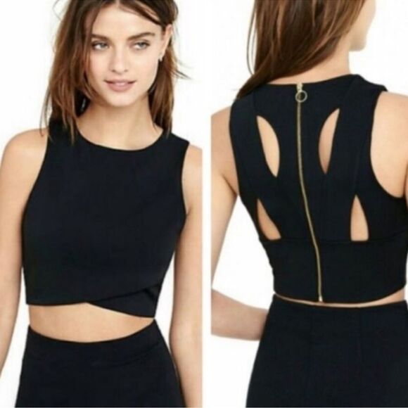 Express Tops - Express Cropped Open Back Top full zip black size small